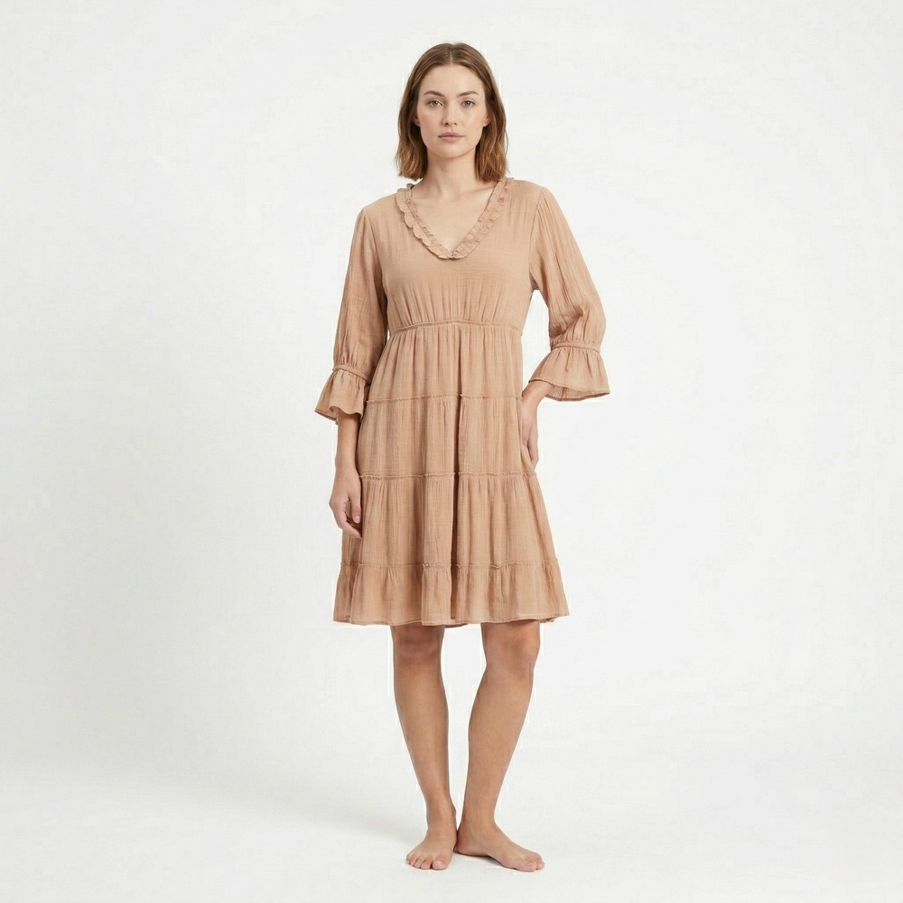 Kings Road Womens Dress Tiered Mini Smock 34" Waist Tan‎ Boho Ruffle V-Neck